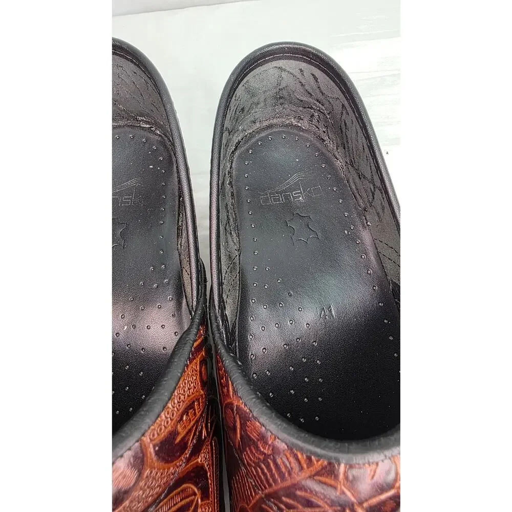 Dansko Brown Tooled Leather Clogs Floral Embossed Slip On Shoes Womens 10.5/11